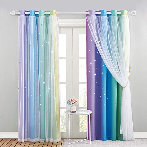 NICETOWN Mörkläggningsgardiner för barn - flickrum gardin med vit skir gardin, graderade färger med stjärnformat mönster, med öljetter, 132 x 240 cm, mörk regnbåge, set om 2 | Set om 2, H 240 x 132 cm, regnbågs-1, gardin, mörkblå, dubbelskiktsgardin med ihåliga stjärnor och voile, för sovrum