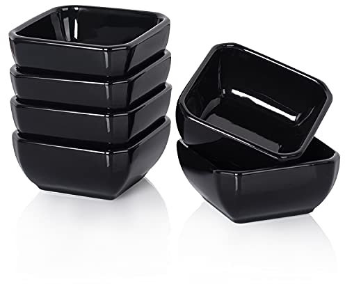 DELLING 6 Oz Square Porcelain Ramekins Set of 6, Oven Safe Creme Brulee Ramekins - Black Ceramic Souffle Dishes, Dishwasher Microwave Freezer Safe Baking Cups for Dessert Custard Pudding
