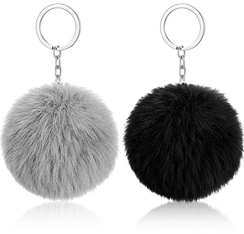Hicarer 2 Stücke Pom Pom Schlüsselanhänger Plüschball mit Puschel Schlüsselanhänger Bommel Flauschig Bommel Anhänger Pompoms mit Anhänger