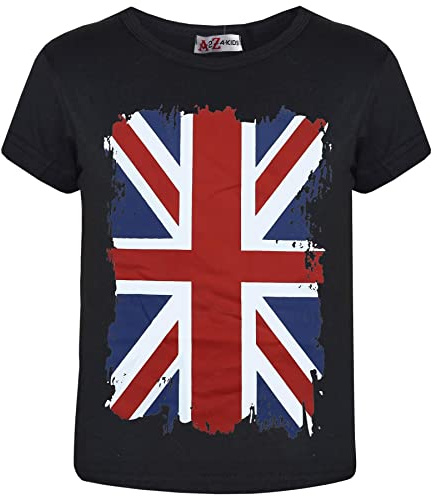 A2Z 4 Kids Flickor Pojkar Soccer Team Fotboll Värld Kopp Stöd T Shirt Union Jack - T Shirt 551 Black 7-8