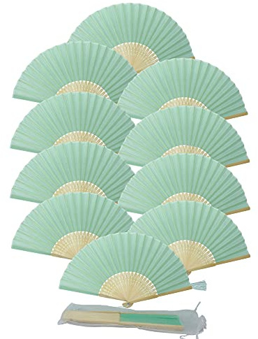 FANSOF.FANS - Paquete de 10 abanicos de tela con borla de bambú de grado A, para fiestas y bodas (color turquesa claro)