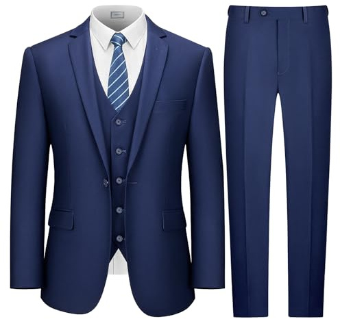 LUPURTY Suits for Men, 3 Piece Men's Suit Slim Fit, Solid Jacket Vest Pants with Tie, One Button Tuxedo Set for Business, Wedding, Navy Blue M