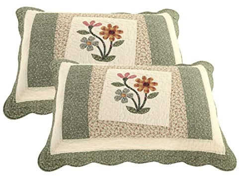 vctops 2-Piece Elegant Floral Patchwork Pillow Shams Queen Size 100% Cotton Quilted Decorative Pillow Shams Set (Green,20x28)