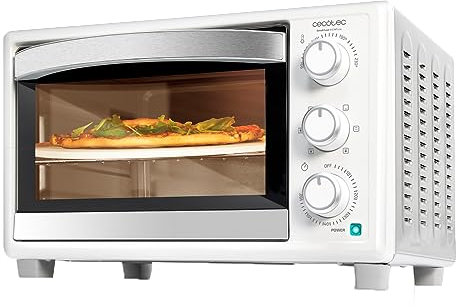 Cecotec Horno de Sobremesa Blanco 26L Bake&Toast 2600 White 4Pizza. 1500W, 6 Funciones, Incluye Piedra para Pizza para Resultado Tradicional, Luz Interior, Bandeja Recogemigas, Doble Cristal