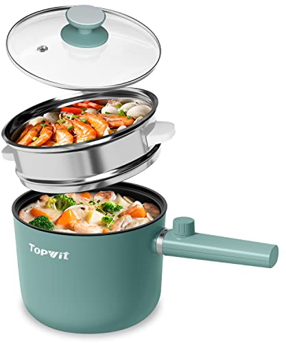 Topwit Hot Pot Electric with Steamer, 1.5L Ramen Cooker, Non-Stick Sauté Pan, Portable Cooking Pot, Electric Cooker with Dual Power Control, BPA Free, Over-Heating & Boil Dry Protection, Green