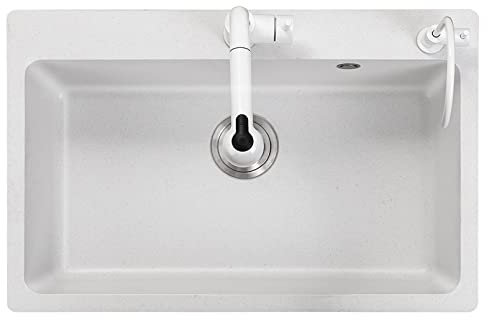 Grande lavello a una vasca sottopiano, lavello a goccia in pietra di quarzo bianca per cucina artigianale con combinazione di rubinetti e accessori, lavanderia, lavello di servizio