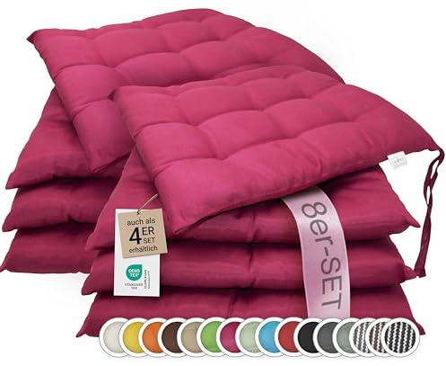 ZOLLNER 8er Set Sitzkissen in 40x40cm - gemütliche Stuhlkissen mit Bindebänder - waschbar bis 30°C - in Fuchsia - Oeko Tex® Zertifiziert