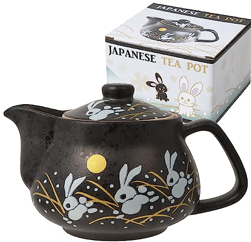 HAKONE YOSEGI 10oz bunny kyusu Rabbit Kutani Yaki(ware) Japanese Teapot with Removable Infuser, Handle Mug Stovetop Safe Tea Kettle, Blooming and Loose Leaf Tea Maker Set(Ceramic, Rabbit Black)