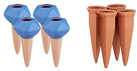 Relaxdays Bewässerungskugeln Ton, 4er Set & Tonkegel Bewässerung 4er Set, Pflanzen Wasserspender Ton, Wein und PET Flaschen Bewässerungskegel, Terracotta