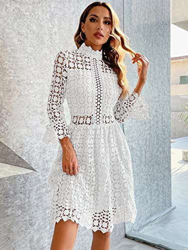 Women's 2023 Summer Short Dress Mesh Insert Mock Neck Flounce Sleeve Lace Dress Casual