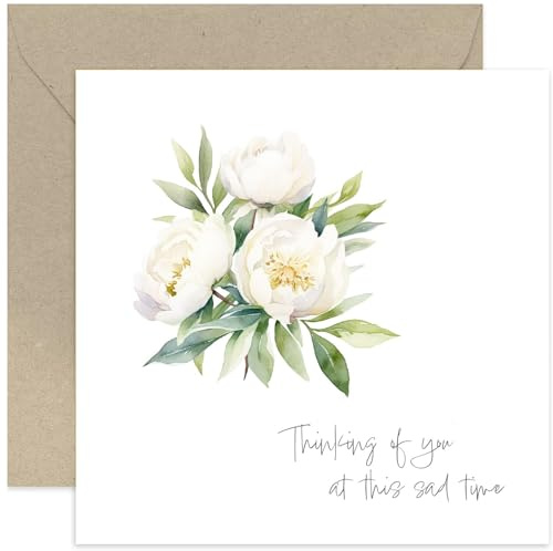 Old English Co. 'Thinking of You At This Sad Time' Sympathy Card for Friends and Family - Floral Watercolour Floral White Peonies Flower Condolences Greeting Card - Sorry Card | Blank Inside Envelope