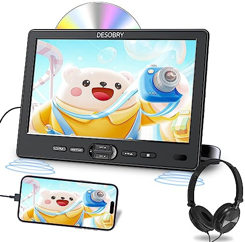 DESOBRY Lettore DVD per auto da 10,5 pollici con supporto per poggiatesta, lettore DVD portatile per auto con cuffie, ingresso disco a ventosa, supporto video 1080P