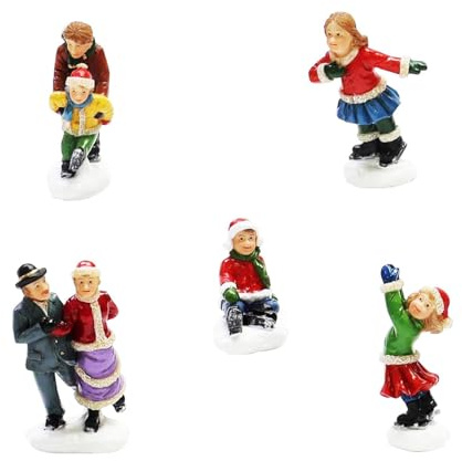 MOMENTS IN TIME Set of 5 Hand-Painted Christmas Village Figurines Skiers & Snowboarders Polyresin Figures Winter Sports Scene Holiday Collectible Decoration