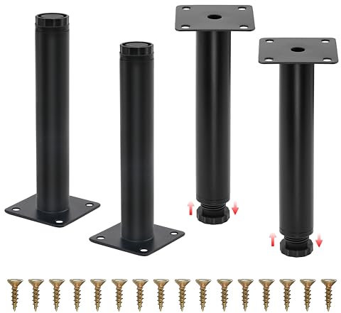 TEKONDA Lot de 4 pieds de meubles réglables en métal noir de 15 cm avec 16 vis - Pieds de table, d'armoire, de canapé, de chaise, JJZJ-BLACK-4