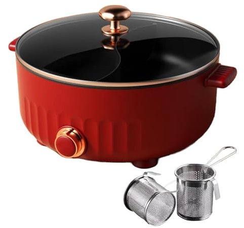 ARTSIM Fondue Chinoise Electrique, 6 litres, 1350 Watts, 30cm De DiamèTre Appareil Fondue Chinoise IdéAl pour Les RéUnions De Famille (avec 2 Filets Non éTanches),Red