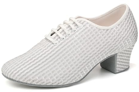 YCALCP Chaussures de Danse Latine Femme Bout Fermé à Lacets Chaussures de danse de salon Chaussures Pratique d'entraînement,LHD-301-Blanc-ZB-S,Talon de 5cm,EU 37.5