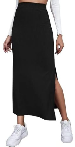 Mluiov Gonna da donna a vita alta elasticizzata a costine Plus Size Gonna aderente con spacco laterale a matita casual maxi gonne lunghe, nero, S