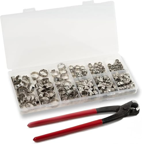 daw21onlineshop 170-teiliges Edelstahl 1-Ohr Schlauchschellen Set + Schlauchschellenzange, Sortiment 5,8-21 mm, Ideal für Kraftstoffschläuche, Auto, Motorrad, Heimwerker & Industrie