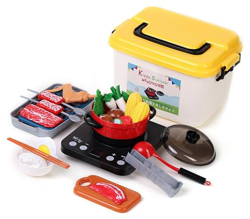 Pretend Play Kitchen Toy Including Janpanese Style Sukiyaki Hot Pot with Electronic Function, Grill Rack, Cooking Utensils, Cut Play Food and Toy Cutlery, Cooking Learning Gift for Girls and Boys