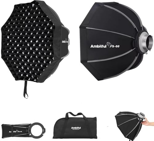 AMBITFUL Softbox octogonal de 60 cm, caja de luz Bowens de liberación rápida con difusores/rejilla de panal/bolsa de transporte para retratos, fotografía de productos