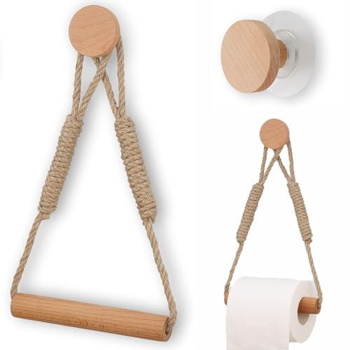 LSRVNM 2 Pezzi Porta Carta Lgienica Senza Foratura, Portasciugamani Vintage in Corda e Legno Portas Ciugamani Autoadesivo Porta, Decorazione Bagno in Stile Boho per Bagno Toilette