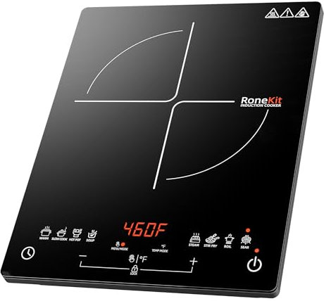 RoneKit Induction Cooktop 1800W Portable Electric Stove Countertop, 8 Preset Functions & Temp Settings, 2 Cooking Modes, Timer, Child Lock for Tiny Kitchen, Apartment, Camping, RV Countertop Burner