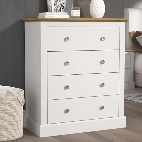 Galano Surrey Kommode mit 4 Schubladen – Kommode mit breiter Aufbewahrung für Schlafzimmer, Flur, Eingangsbereich oder Wohnzimmer – Kleider-Organizer mit geräumigen Schubladen – Weiß/Eiche