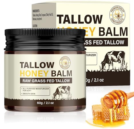 Beef Tallow Crème pour Soin de la Peau, Suif de Bœuf Biologique 100% Naturel d’Animaux Nourris à l’Herbe avec Miel, Crème Hydratante pour le Visage et le Corps, Bio, Sans Parfum, Absorption Rapide