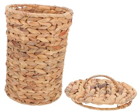 BUGUUYO Handwoven Wastebasket with Lid Calabash Grass Decorative Bin | Rustic Farmhouse Style, Breathable Compact Design, for Living Room and Desktop Use