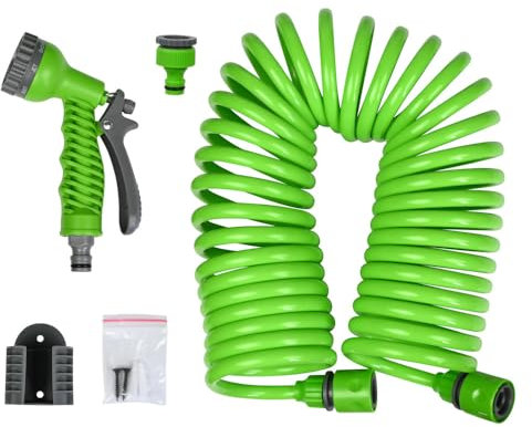 ARTICCO Manguera en espiral de jardín, Manguera de riego extensible de 7.5 metros Pistola con 7 funciones Manguera de riego espiral verde 7 modalidades de riego, Manguera para terraza y jardín
