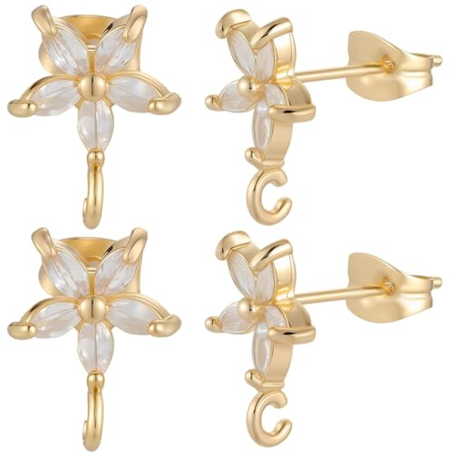 Beebeecraft 1 låda 5 par 18K guldpläterade örhängen stolpar kubisk zirkonia knoppörhänge fynd mässing mikrobelagd blomma blomma blomma öronkomponenter med öglor och muttrar för gör-det-själv