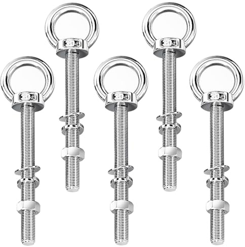 5 Piezas Tornillo de Ojo Largo M8 × 140 mm, Argollas Pernos de Acero Inoxidable, Desmontable, con Arandelas y Tuercas Hexagonales, para Fijación y Suspensión (Plateado)