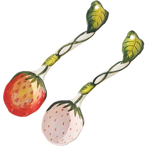 Cuchara de cerámica para fresas de 2 piezas con mango largo, cucharadas pintadas a mano para postres, helados, aperitivos y más | Herramientas de cocina y comedor
