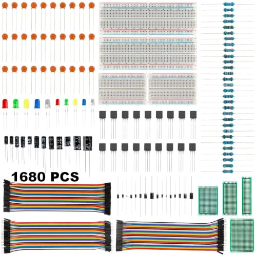 1628PCS Electronics Component Kit, Breadboard Kit with LED Diode, Ceramic Capacitor, Resistor, Transistor, Electrolytic Capacitor, PCB Board, Rectifier Diode, Jumper wire, Breadboard（Cardboard Box）