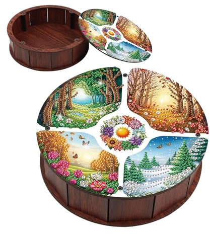 JICFDAO 5D DIY Crystal Art Snack Box trä 5D Diamond Painting snacksbehållare diamant målning snackbricka rund förvaringslåda stackbar för kex nötter godis perfekt för kök party landskap