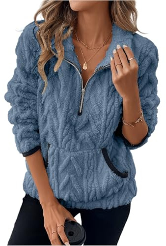 Fleece Jacket Women Fleece Jumper Fluffy Jacket Pullover Fleece Sweatshirts Casual Fuzzy 1/4 Zip Up Long Sleeve Stand Collar Cozy Coat with Pockets Blue L