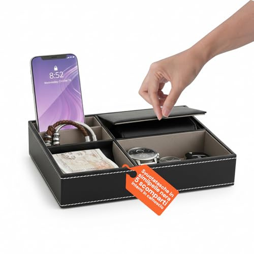 Avilia – Svuotatasche in Similpelle Nera con 5 Scomparti, Organizer da Tavolo Multifunzionale per Camera, Ingresso e Ufficio, Vassoio Portaoggetti Elegante Design Moderno e Interno in Camoscio