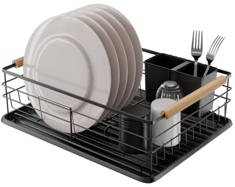 Amig - Escurreplatos Graz II Negro - 42 x 31,5 x 15 cm - Acero con Mango de Madera - Color Negro - Escurreplatos con Bandeja de Goteo y Soporte para Cubiertos - Capacidad 10 Platos y 6 Vasos