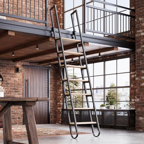 9.35FT Industrial Style Loft Ladder, 7 Steps with Black Steel Handrails & Solid Wood Steps, 450lbs Capacity, Fits 7.2-8FT Installation Height, for Attic, Kitchen, Warehouse, Bookshelf& Outdoor