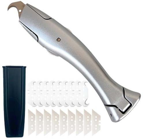 Cuchillo de Corte de Suelo, Cuchillo para Alfombras, Cuters Profesionales de Seguridad con 10 cuchillas trapezoidales y 10 cuchillas de gancho para Cortar Revestimientos de Suelo de PVC