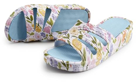 JOMIX Zapatillas Mujer Verano Cómodas Chanclas Floral Diseño Abierto y Perforado Transpirable Cuña Baja Suave Plantilla Texturizada Antideslizante Impermeables Interior Exterior WES260132 Azul 39