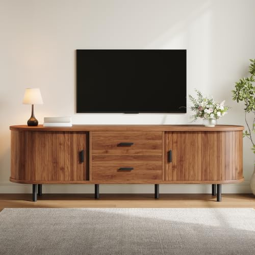 Merax Meuble TV 160 cm avec Portes coulissantes, Rangement, Noyer | Lowboard TV moderne avec 2 tiroirs, étagères ouvertes et pieds métal noirs pour salon