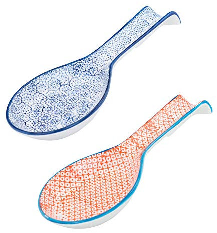 Nicola Spring Hand-Printed Kitchen Spoon Rests - 26.5cm - Pack of 2 - Navy Decorative Porcelain Floral Pattern Kitchen Tableware Utensil Cutlery Rest for Cooking, Wooden, Tea Spoons