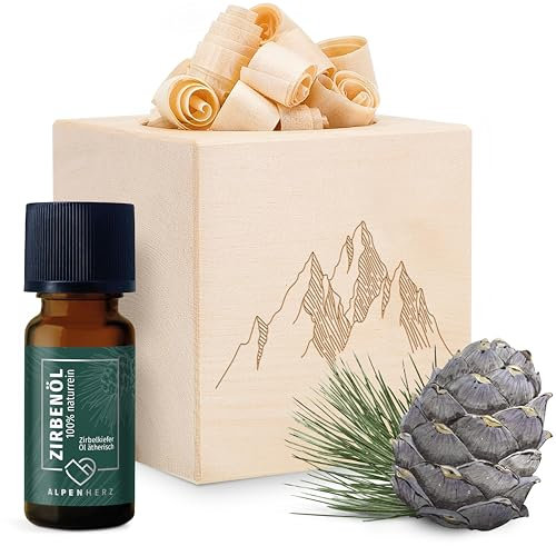 ALPEN HERZ Zirbenwürfel Set - Zirbenöl 10 ml naturrein aus Österreich - Zirbenholz Würfel Duftspender Zirben Duft Holz zur Deko Zirbe Diffuser Geschenke Zirbelkiefer Zirbenlüfter Zirbenset (Bergmotiv)