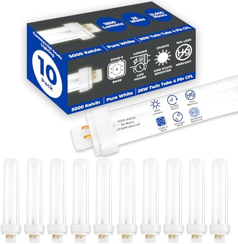 GoodBulb 26 Watt CFL Light Bulbs 4 Pin G24Q-3 Base 5000K Daylight 26W High Output 1800 Lumens Double Tube Compact Fluorescent Light Bulbs Plug-in 10 Pack