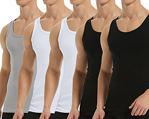 Falechay Camiseta Tirantes para Hombre Pack de 5 de Algodón 100% Camisetas Interiores Deporte más Colores Negro Blanco Gris M