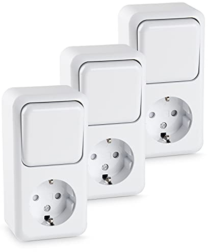 HEITECH Aufputz Wechselschalter & Schutzkontaktsteckdose Kombination - Neues Modell - 3x Schutzkontakt Steckdose & Lichtschalter AP für innen - Schuko Steckdose 250V 16A IP20