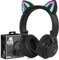 JYPS Kids Headphones Wireless Light Up Cat Ear Bluetooth Headphones Over Ear Childrens Foldable Headphones w/Microphone for Amazon Fire Tablet/Laptop/iPad (Black)