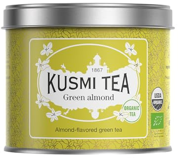 Kusmi Tea - Vert Amande Bio - Mélange Biologique de Thé Vert Aromatisé à l'Amande - Thé Vert Aromatisé - Boîte en Métal 100g - Quantité pour environ 50 Tasses