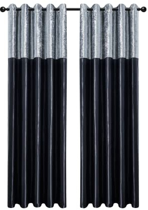 CHARKHAH Crushed Velvet Faux Silk Curtains for Bedroom Living Room Elegant and Silky Blackout Fabric Pair of Fully Lined Door Curtain with Eyelet Rings (Black Silver, 46 Wide x 54 Drop)